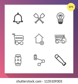 Modern, simple vector icon set on gradient background with boat, property, apartment, time, bulb, wood, call, paddle, dump, electric, alarm, dumper, market, buy, sign, shop, bell, rowing, truck icons