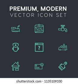 Modern, simple vector icon set on dark grey background with architecture, rescue, train, rail, railroad, sos, page, home, house, paint, shipping, finance, doctor, railway, brush, lorry, medical icons