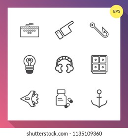Modern, simple vector icon set on gradient background with people, medicine, direction, music, work, finance, money, electricity, bulb, web, lightbulb, helm, medical, rod, internet, finger, fish icons