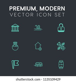 Modern, simple vector icon set on dark grey background with watch, europe, blue, clock, greece, island, new, greek, america, tool, pool, house, home, unlock, security, bus, summer, time, space icons