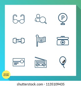 Modern, simple vector icon set on gradient background with fitness, account, holiday, america, celebration, style, sun, radio, road, modern, computer, kit, fashion, nation, urban, vision, aid icons