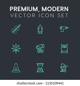 Modern, simple vector icon set on dark grey background with ladder, clock, classical, sand, landscape, violoncello, communication, forest, hour, equipment, sound, musical, owl, display, music icons