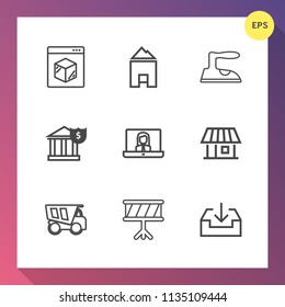 Modern, simple vector icon set on gradient background with domestic, service, online, finance, business, money, sign, ironing, logistic, freight, communication, web, musical, vehicle, dumper icons
