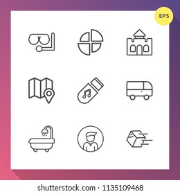 Modern, simple vector icon set on gradient background with mask, pin, sea, bathroom, business, man, modern, location, graph, travel, water, snorkel, male, map, speed, pie, boy, sport, diving icons