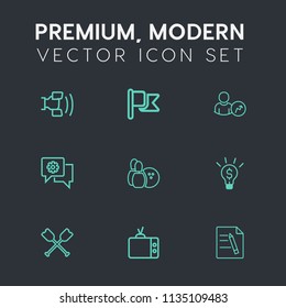 Modern, simple vector icon set on dark grey background with cellphone, television, concept, cell, water, country, smartphone, office, screen, business, canoe, idea, video, document, boat, nation icons