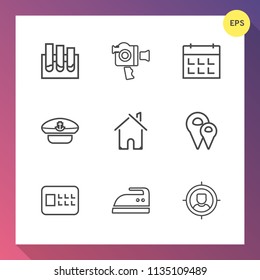 Modern, simple vector icon set on gradient background with science, lab, calendar, ironing, camera, house, safety, map, estate, time, hat, travel, domestic, target, location, captain, equipment icons