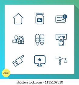 Modern, simple vector icon set on gradient background with packaging, saw, pointing, showing, person, real, architecture, hammer, modern, coin, sign, container, house, , metal, cash, credit, atm icons
