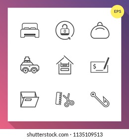 Modern, simple vector icon set on gradient background with open, home, business, file, hair, safe, bed, blank, paper, hairdresser, customer, luggage, hook, suitcase, store, professional, hotel icons