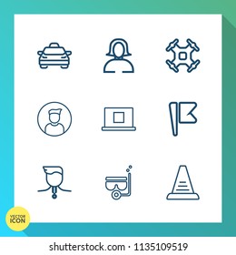 Modern, simple vector icon set on gradient background with control, female, travel, transport, success, ladder, step, concept, lady, sign, snorkel, web, winner, water, transportation, up, face icons