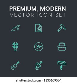 Modern, simple vector icon set on dark grey background with building, glass, navigation, magnify, beacon, seamark, send, lighthouse, satellite, guitar, construction, grass, space, marine, travel icons