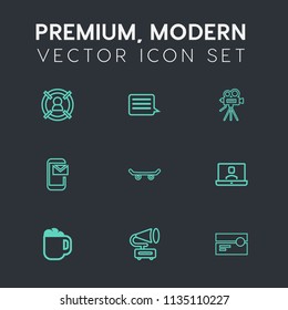 Modern, simple vector icon set on dark grey background with cassette, technology, cafe, skate, email, gramophone, cup, management, camera, lens, group, phone, extreme, vintage, internet, music icons