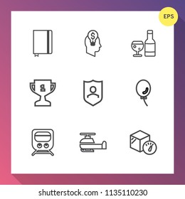 Modern, simple vector icon set on gradient background with train, transport, place, protection, business, concept, glass, helicopter, paper, page, shield, drink, balloon, first, transportation icons