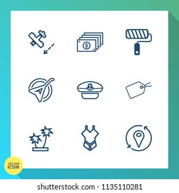 Modern, simple vector icon set on gradient background with currency, repair, paint, summer, sailor, tool, string, bank, finance, fly, fashion, folk, woman, aviation, airplane, cap, nature, tree icons