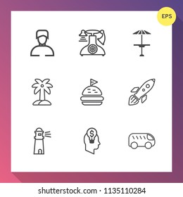 Modern, simple vector icon set on gradient background with water, direction, table, call, food, boy, lighthouse, retro, telephone, nature, old, pub, fashion, ocean, move, tropical, idea, summer icons