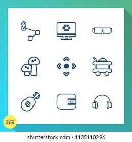 Modern, simple vector icon set on gradient background with pointer, musical, hotel, fashion, web, edible, sun, gps, technology, white, point, marker, map, audio, bed, summer, location, service icons