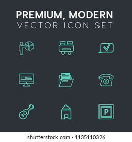 Modern, simple vector icon set on dark grey background with website, spy, vision, mobile, glasses, paper, seminar, road, guitar, home, transport, equipment, vehicle, music, people, female, blank icons