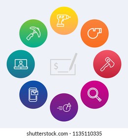 Modern, simple vector icon set on colorful circle backgrounds with referee, work, business, banking, tool, phone, email, heavy, industry, engineering, object, hand, pen, picking, building, power icons