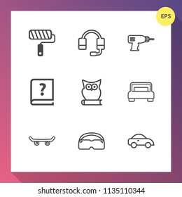 Modern, simple vector icon set on gradient background with animal, tool, board, vehicle, wall, machine, pen, skateboard, work, bed, repair, car, skate, bedroom, owl, paint, sound, graphic, bird icons