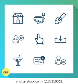 Modern, simple vector icon set on gradient background with status, money, sack, button, hand, estate, construction, architecture, property, snorkel, snorkeling, sport, drink, touch, download icons
