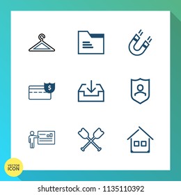 Modern, simple vector icon set on gradient background with security, boat, hanger, cash, paper, web, empty, people, shield, file, blank, download, protect, wardrobe, building, clothes, paddle icons