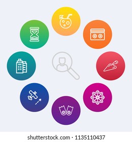Modern, simple vector icon set on colorful circle backgrounds with estate, account, sport, shovel, internet, sand, equipment, cocktail, building, rudder, construction, screen, hour, house, clock icons