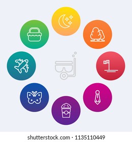 Modern, simple vector icon set on colorful circle backgrounds with lunch, cafe, mask, environment, plane, male, underwater, travel, drink, moon, flight, coffee, sky, fashion, airplane, basket icons