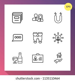 Modern, simple vector icon set on gradient background with message, red, wine, office, optical, group, home, magnetic, staff, business, alcohol, equipment, chat, education, worker, people, team icons