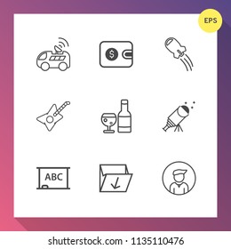 Modern, simple vector icon set on gradient background with man, dollar, rubbish, purse, sky, wine, spaceship, alcohol, background, satellite, white, finance, blackboard, star, male, garbage, map icons