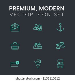 Modern, simple vector icon set on dark grey background with letter, work, decoration, car, delivery, market, rudder, basket, helm, window, shop, transportation, white, worker, comfortable, room icons