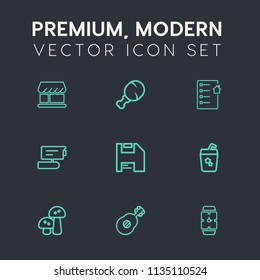 Modern, simple vector icon set on dark grey background with meat, clock, musical, computer, camera, video, minute, summer, edible, cocktail, document, leg, watch, contract, meal, fast, drink, tv icons
