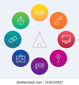 Modern, simple vector icon set on colorful circle backgrounds with technology, ventilator, fan, camp, business, tourism, online, profile, id, personal, link, space, moon, celebration, air, flag icons