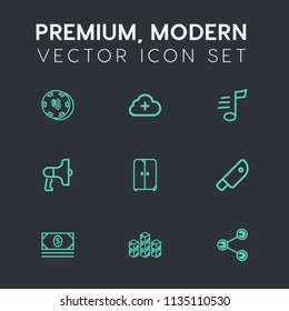 Modern, simple vector icon set on dark grey background with tune, melody, money, risk, megaphone, coin, meat, luck, interior, business, cupboard, cabinet, game, home, cloud, internet, cut, sign icons