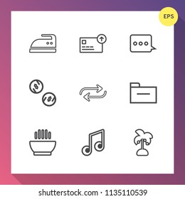 Modern, simple vector icon set on gradient background with home, note, music, palm, file, household, internet, replacement, ironing, communication, housework, replace, folder, business, coin icons