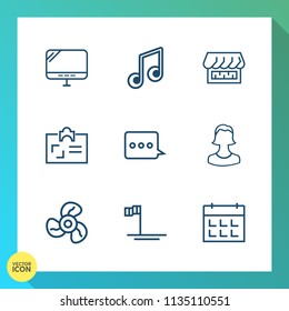 Modern, simple vector icon set on gradient background with blue, human, electric, modern, message, schedule, laptop, cool, sound, business, ocean, computer, internet, white, melody, musical, fan icons