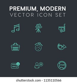 Modern, simple vector icon set on dark grey background with camera, snorkel, finance, profile, technology, mask, bag, sea, movie, video, sack, money, space, trumpet, sale, bugle, basket, note icons