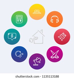 Modern, simple vector icon set on colorful circle backgrounds with square, light, movie, apartment, night, home, sale, lamp, price, music, headphone, projector, button, spotlight, agent, web icons