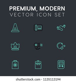 Modern, simple vector icon set on dark grey background with sale, fashion, climb, technology, stair, buy, professional, fan, arrow, web, night, crown, female, construction, up, position, royal icons