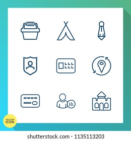 Modern, simple vector icon set on gradient background with lock, landscape, location, nature, balance, social, protection, security, shield, medieval, safe, market, business, food, suit, tourism icons