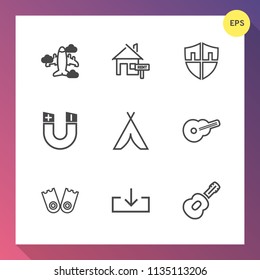 Modern, simple vector icon set on gradient background with music, magnetic, air, pole, security, adventure, tent, underwater, field, protect, property, mortgage, flight, concept, fly, web, house icons