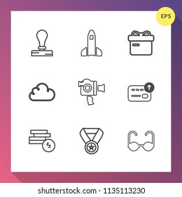 Modern, simple vector icon set on gradient background with science, currency, cash, paper, spaceship, fashion, win, identity, award, ribbon, bank, holiday, success, rocket, stamp, astronaut, sun icons