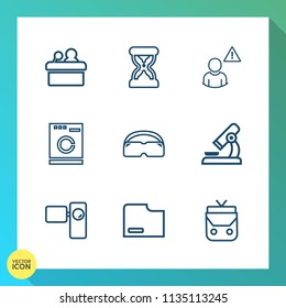 Modern, simple vector icon set on gradient background with laundry, audience, camera, meeting, network, glass, event, public, laboratory, seminar, conference, document, clock, file, presentation icons