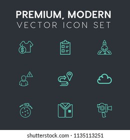 Modern, simple vector icon set on dark grey background with purchase, mark, equipment, planet, network, tshirt, science, choice, store, route, road, check, price, space, cost, map, shirt, alarm icons