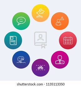 Modern, simple vector icon set on colorful circle backgrounds with employer, dialog, business, lamp, calendar, sign, speech, book, online, food, id, cycle, employee, time, people, address, white icons