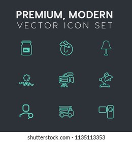 Modern, simple vector icon set on dark grey background with illumination, landscape, lamp, lens, electricity, movie, metal, scale, account, meteorology, tripod, microphone, web, packaging, home icons
