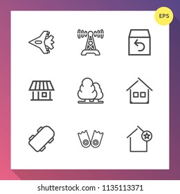 Modern, simple vector icon set on gradient background with music, equipment, box, delivery, airplane, home, technology, sea, forest, house, aviation, shipping, sound, board, environment, service icons