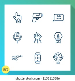 Modern, simple vector icon set on gradient background with award, global, retro, point, machine, barbecue, human, grill, karaoke, cooking, music, map, watch, hand, globe, white, meat, bbq, time icons