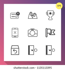 Modern, simple vector icon set on gradient background with return, sign, gps, video, flag, equipment, travel, award, first, nation, film, box, city, coaxial, win, handle, coin, delivery, camera icons