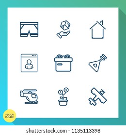 Modern, simple vector icon set on gradient background with helicopter, tree, instrument, package, profile, ribbon, transport, house, sport, string, male, gift, plane, estate, music, template icons