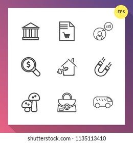 Modern, simple vector icon set on gradient background with bus, property, web, mushroom, find, sky, blue, notebook, internet, freelancer, tourism, concept, sea, home, science, left, travel, key icons