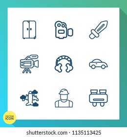 Modern, simple vector icon set on gradient background with blade, audio, transport, tripod, watch, furniture, weapon, vision, film, worker, handle, video, interior, sound, decoration, car, lens icons